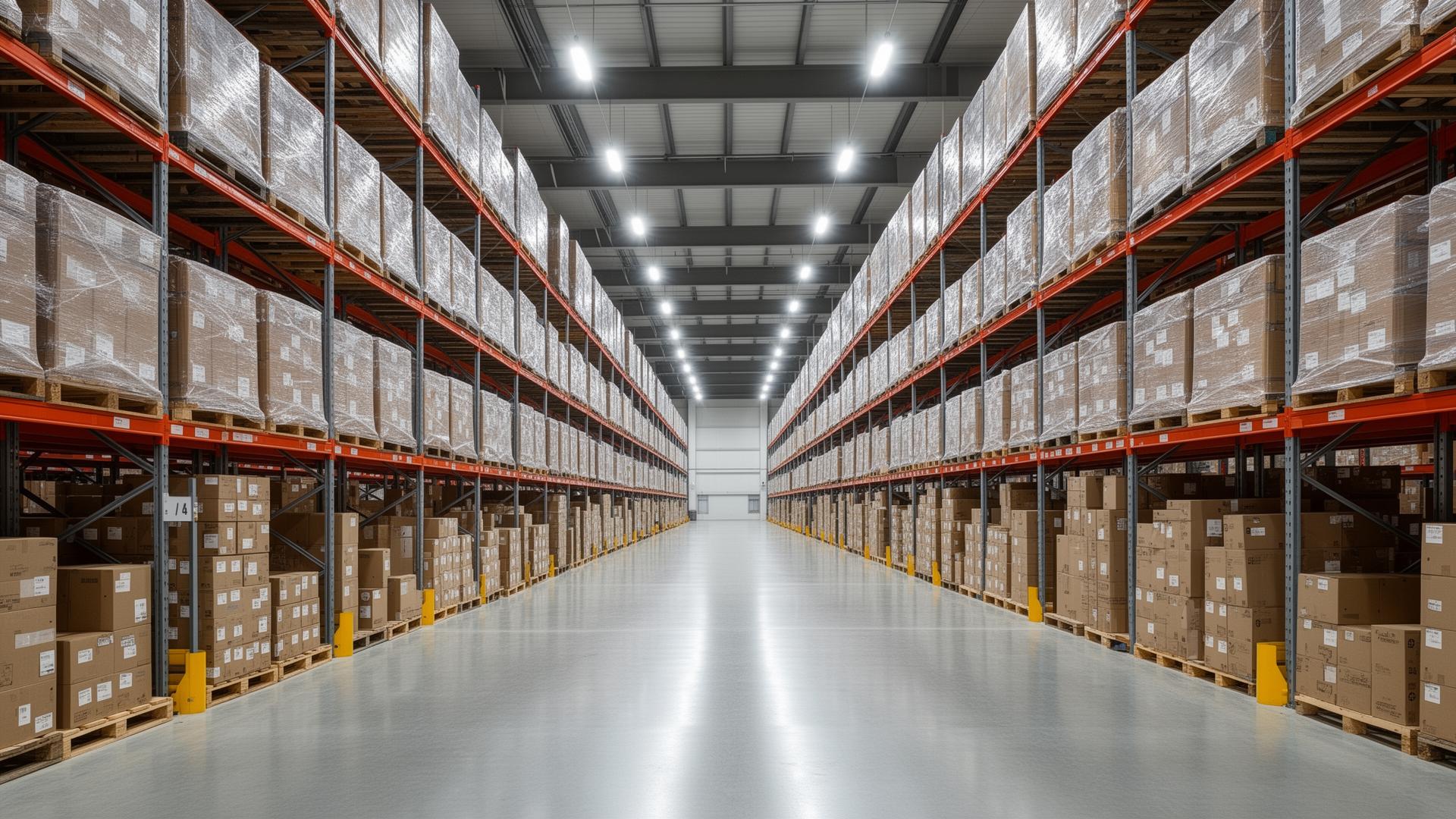 Intérieur de notre dépôt logistique avec racks de stockage